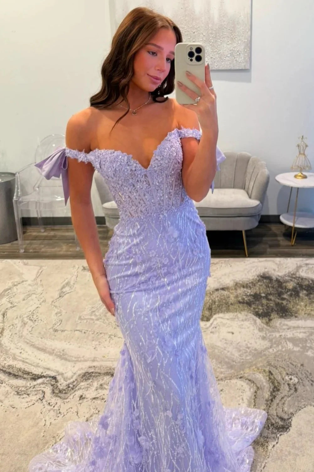 Glitter Lavender Off-the-Shoulder Mermaid Prom Dress With Sequined Lace AD524