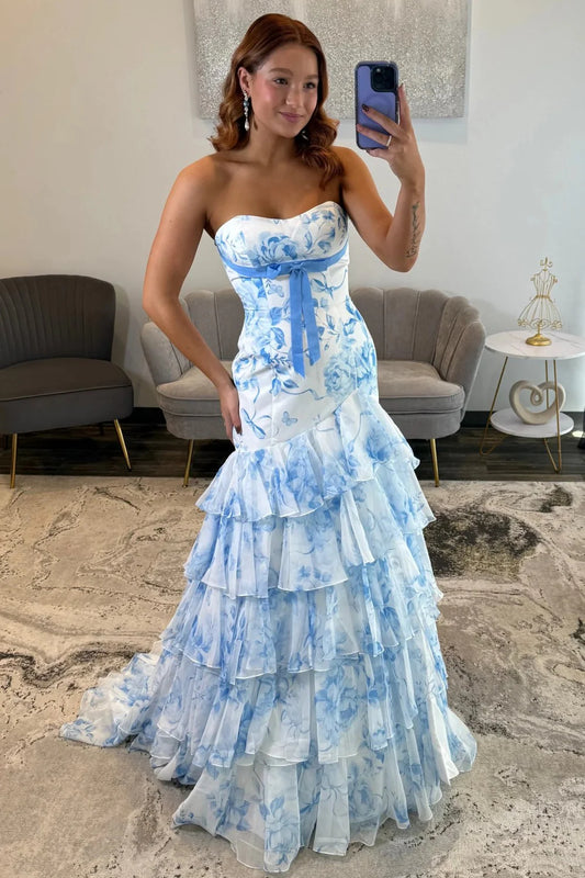 Romantic Blue Floral Corset Mermaid Prom Gwn With Layered Ruffle Hem AD526