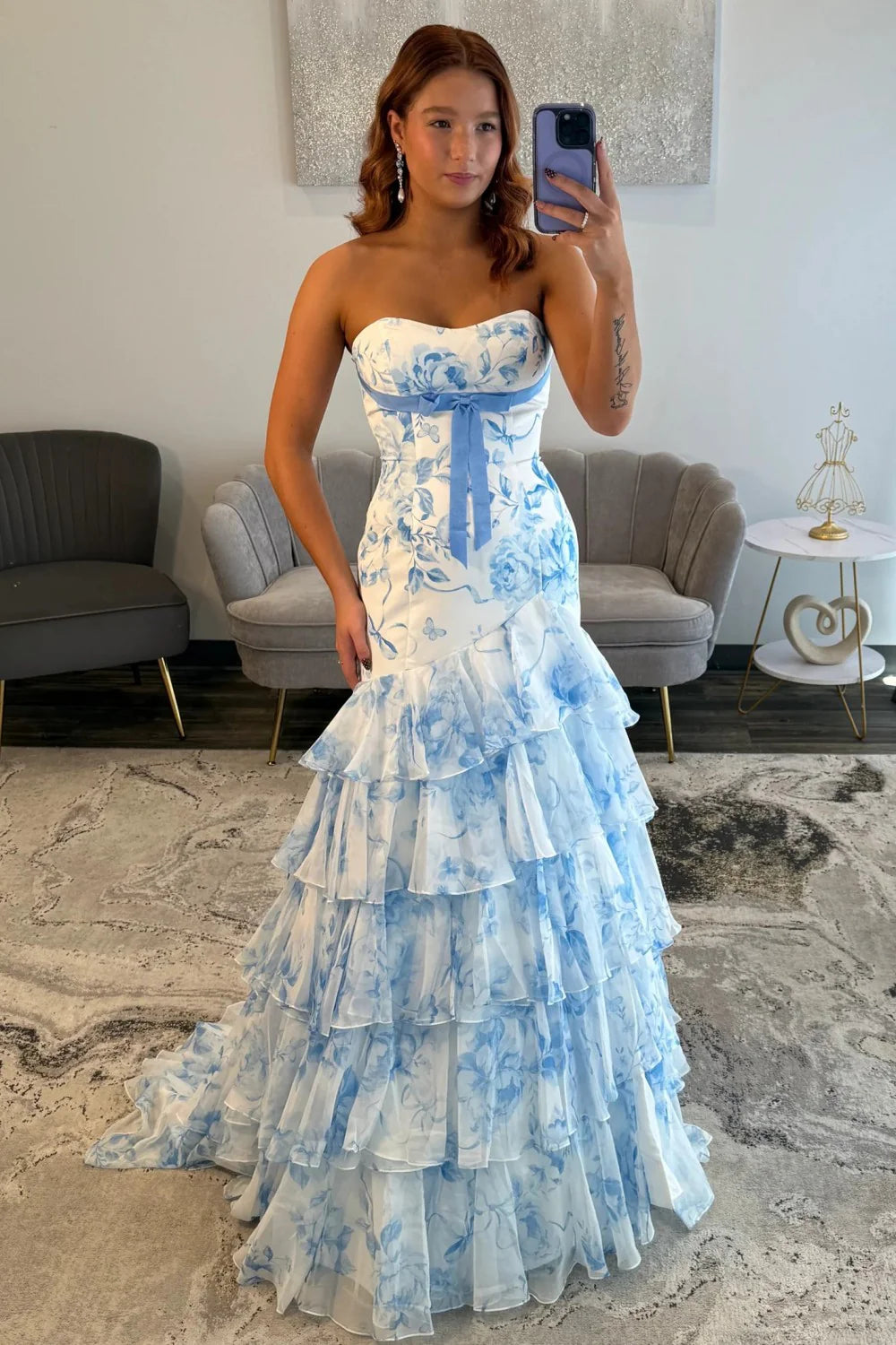 Romantic Blue Floral Corset Mermaid Prom Gwn With Layered Ruffle Hem AD526