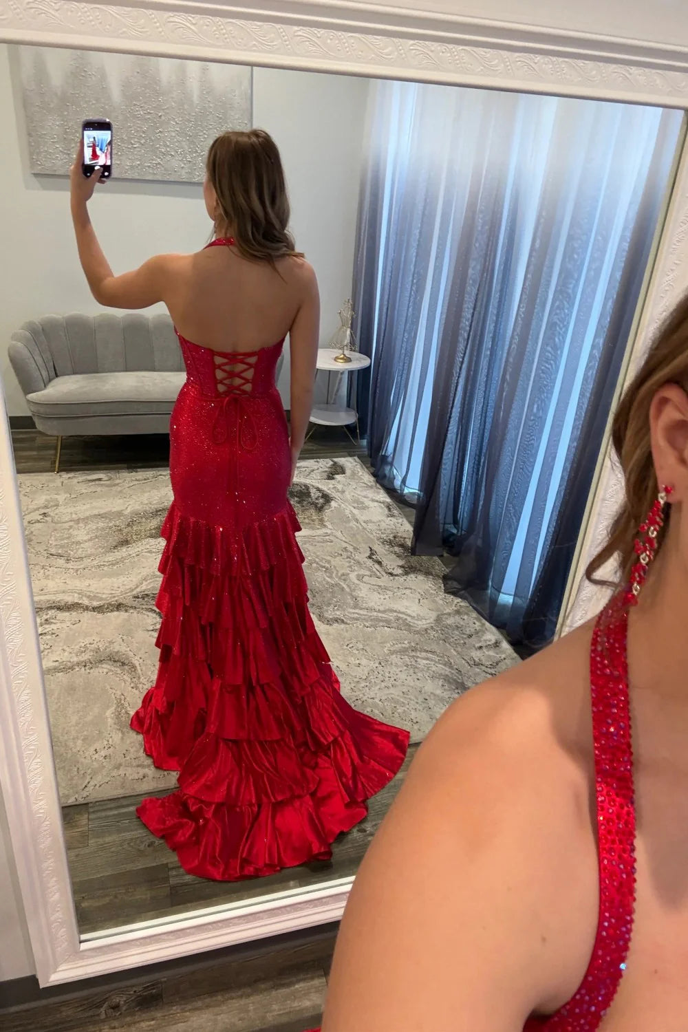 Sparkly Red Mermaid Halter Prom Dress With High Slit And Tiered Ruffle Skirt AD528