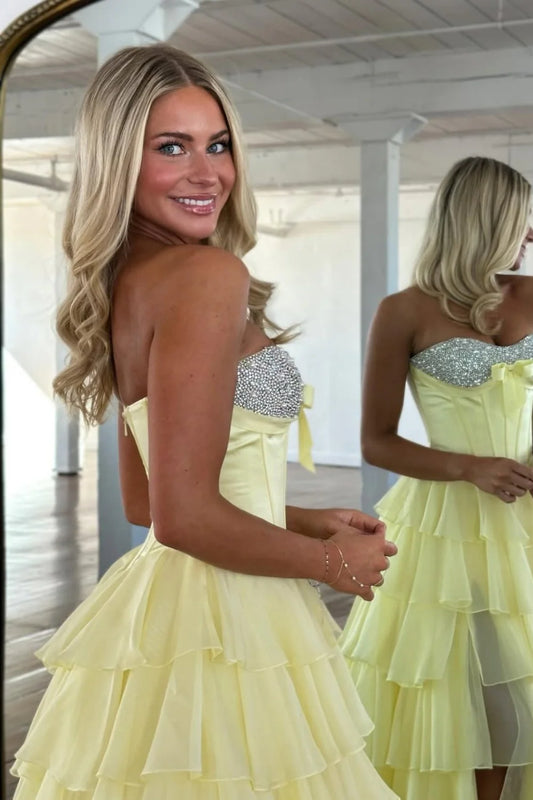 Elegant Yellow A-Line Tiered Ruffle Prom Dress With Sparkling Bodice AD529