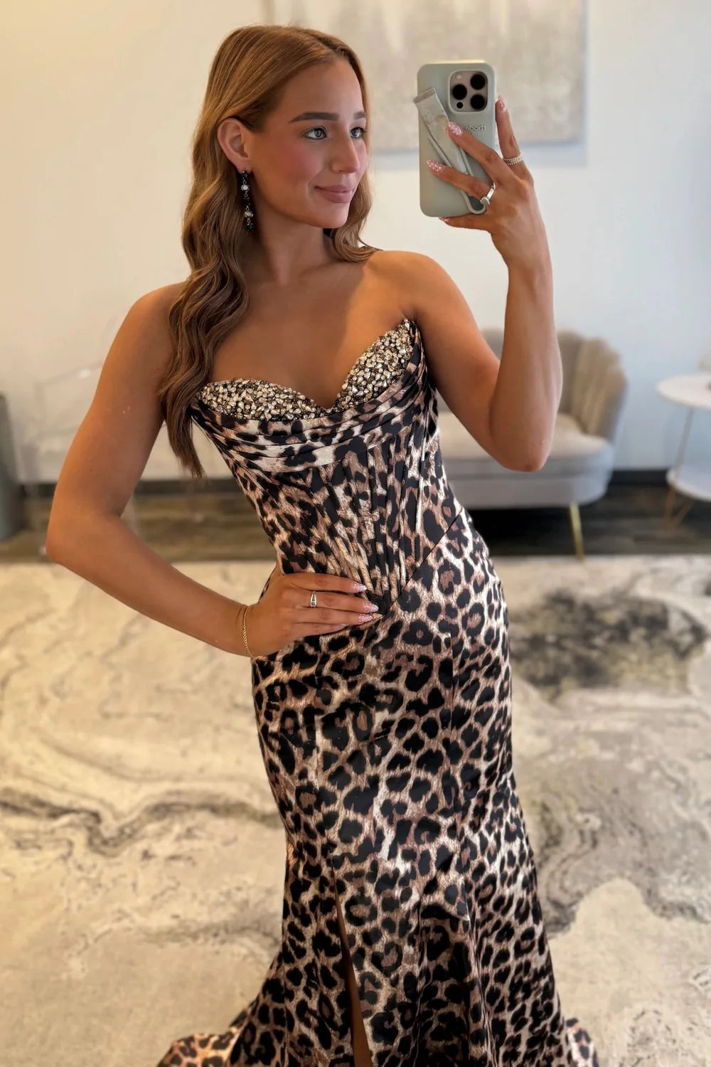 Leopard Print Strapless Mermaid Corset Prom Dress With Beaded Bodice AD533