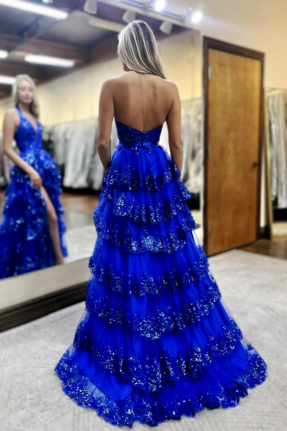 Luxurious Royal Blue Halter Neck Backless Ruffled Sequin Prom Dress With Slit AD534