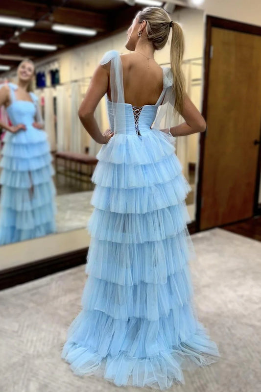 Romantic Light Blue Ruffled Tulle Lace Up Prom Dress With Soft Layers AD537