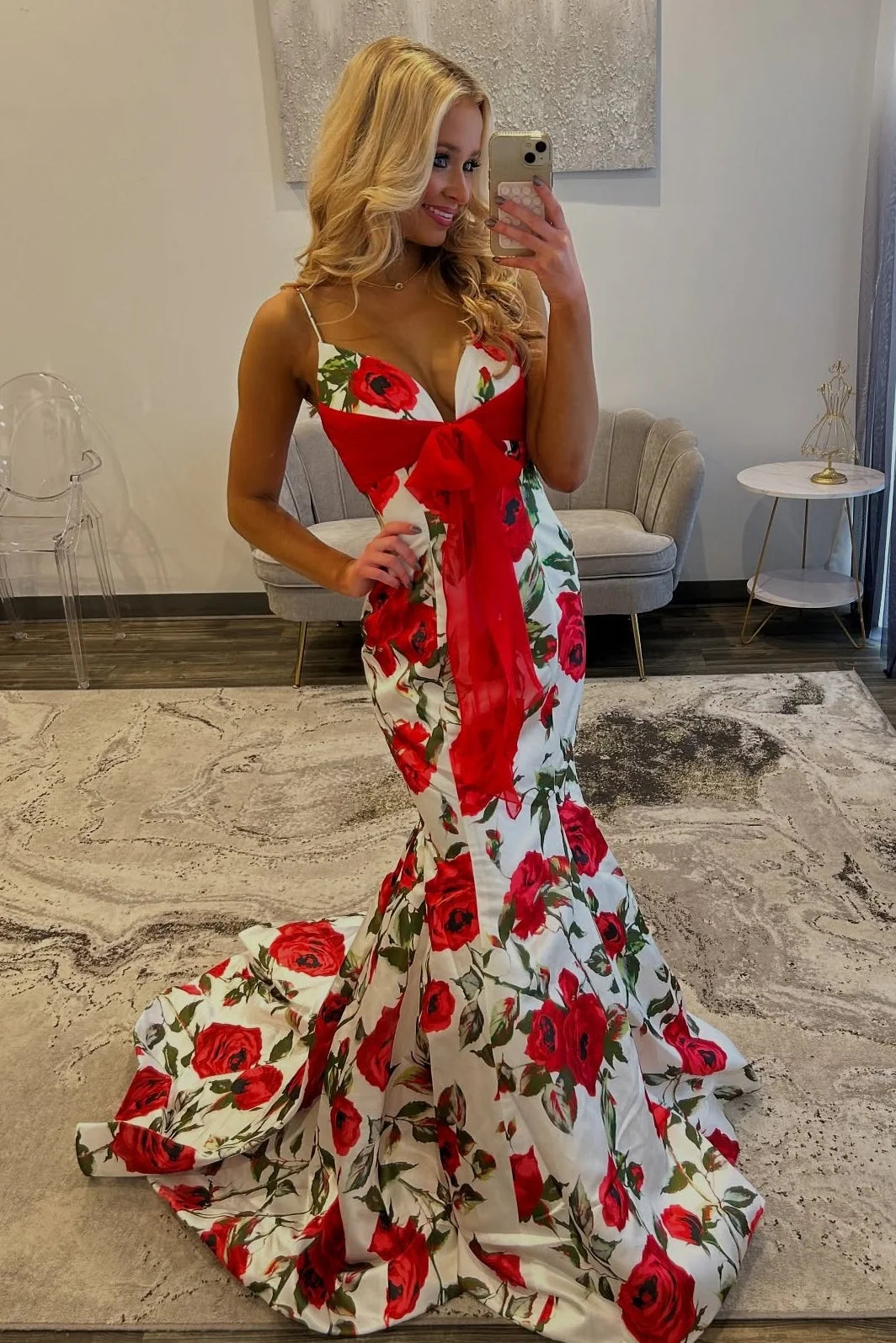 Pretty Mermaid Spaghetti Straps Pink Printed Long Prom Dress With Bowknot AD544