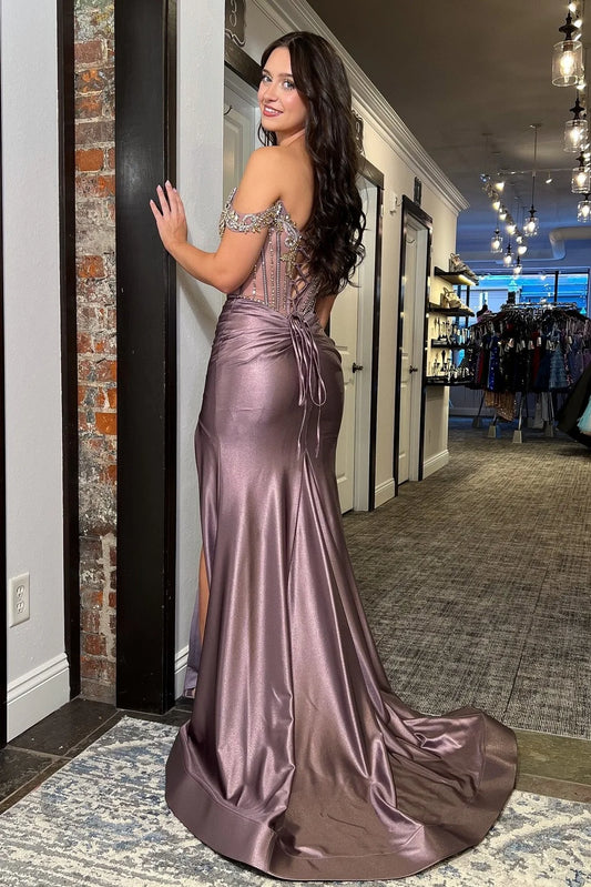 Luxurious Mermaid Off The Shoulder Grey Purple Corset Prom Dress With Beading AD546