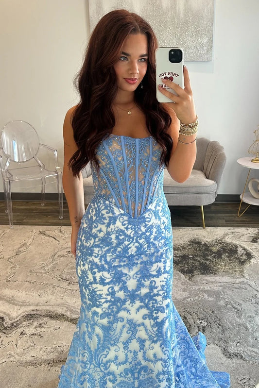 Fashionable Mermaid Strapless Blue Corset Prom Dress With Appliques Beading AD549