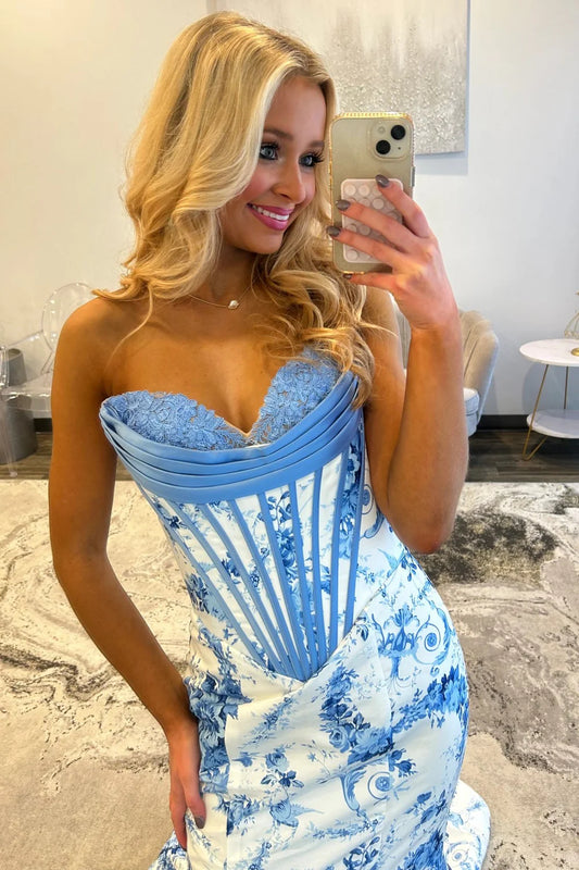 Charming Mermaid Sweetheart Blue Corset Prom Dress With Appliques AD550