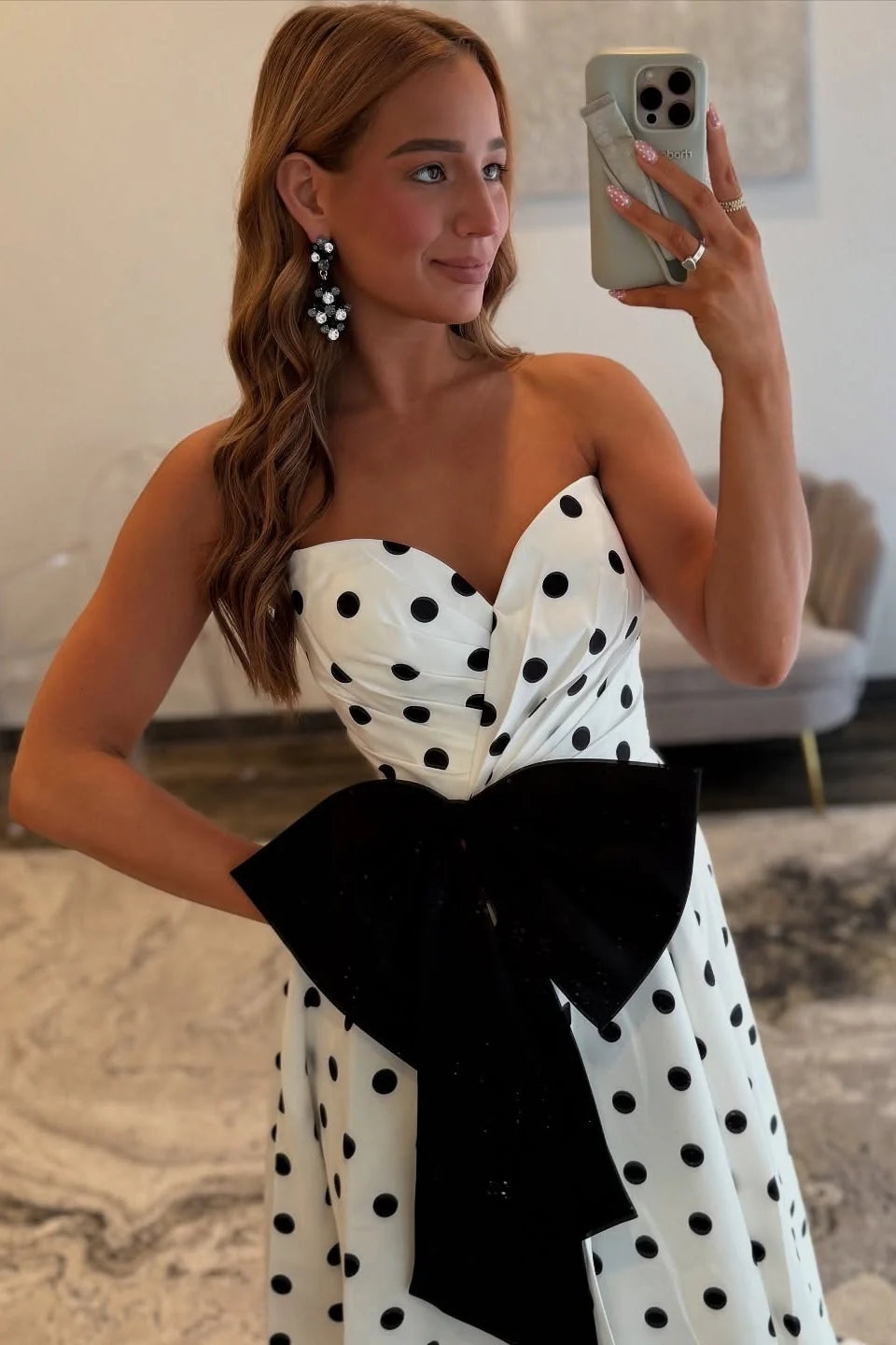 Classic A Line Sweetheart White Polka Dots Long Prom Dress With Bowknot AD557