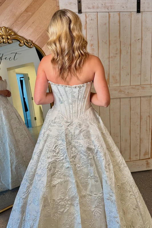 Elegant A Line Strapless White Corset Prom Dress With Embroidery AD564