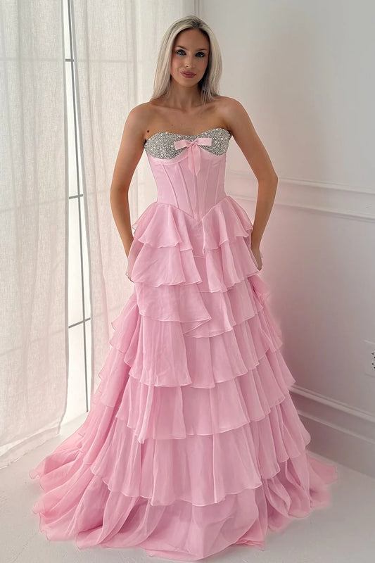 Cute A Line Sweetheart Pink Corset Prom Dress With Beading Ruffles AD565