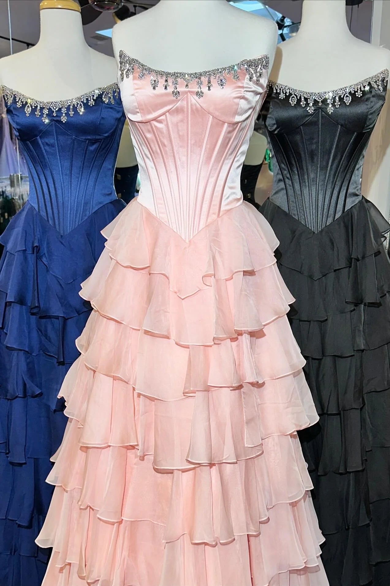 Fashionable A Line Strapless Hot Pink Corset Prom Dress With Beading Ruffles AD567