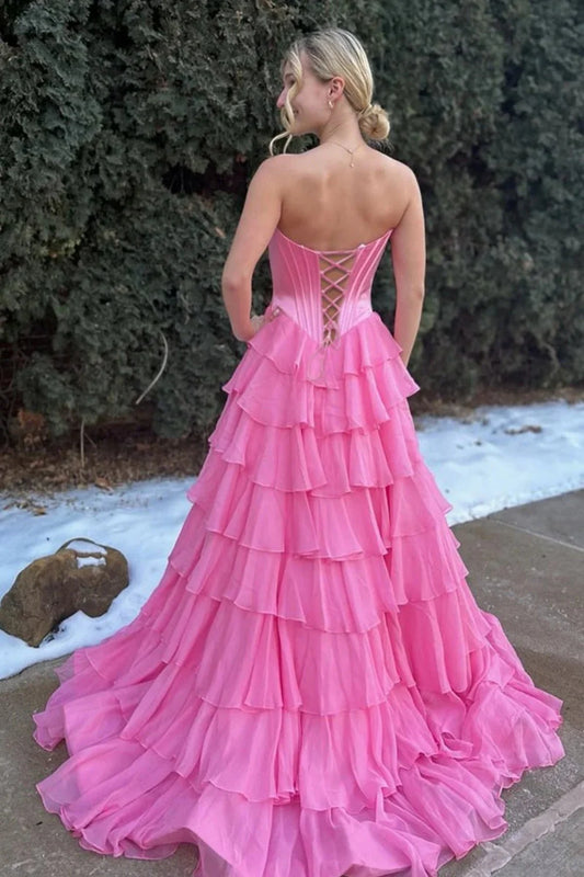 Princess A Line Sweetheart Red/Pink Corset Prom Dress With Ruffles AD570