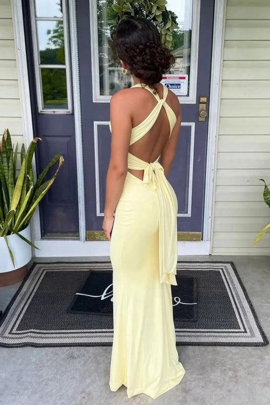 Simple Mermaid V Neck Yellow Long Prom Dress With Open Back AD572