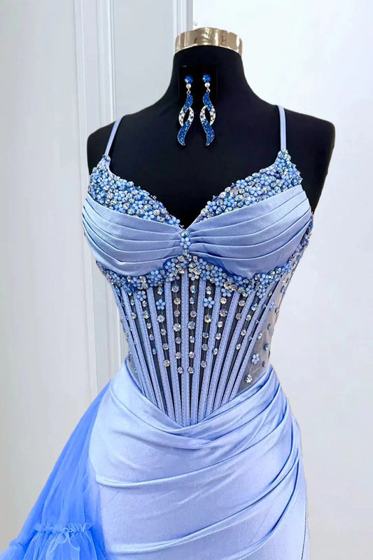 Pretty Mermaid Spaghetti Straps Blue Corset Prom Dress With Beading Slit AD580