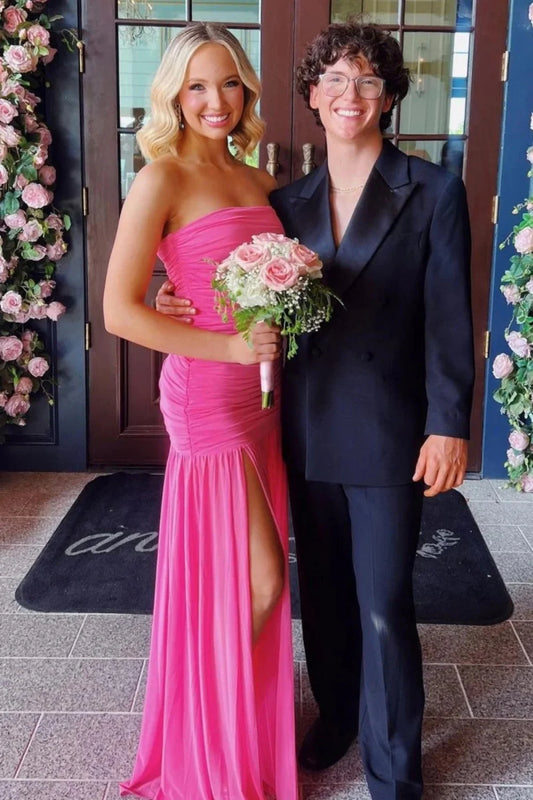 Trendy Mermaid Strapless Hot Pink Long Prom Dress With Split Front Ruffles AD582