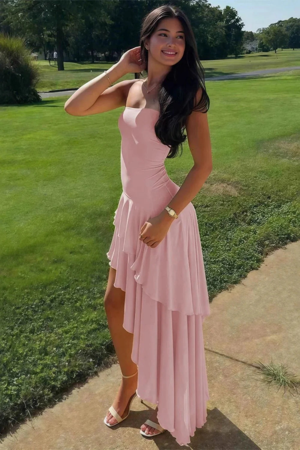 Charming Asymmetrical Strapless Blue Long Prom Dress With Ruffles AD584