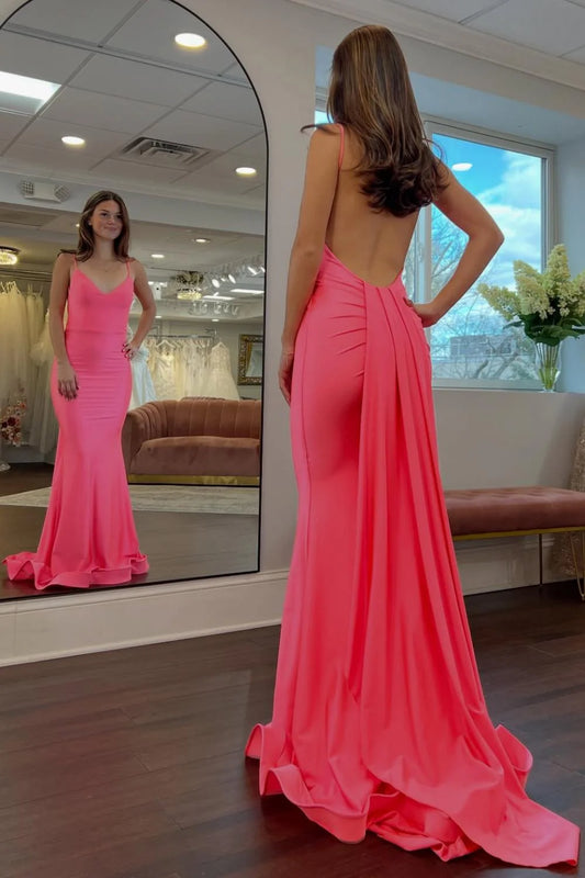 Simple Mermaid Spaghetti Straps Candy Pink Long Prom Dress With Train AD590