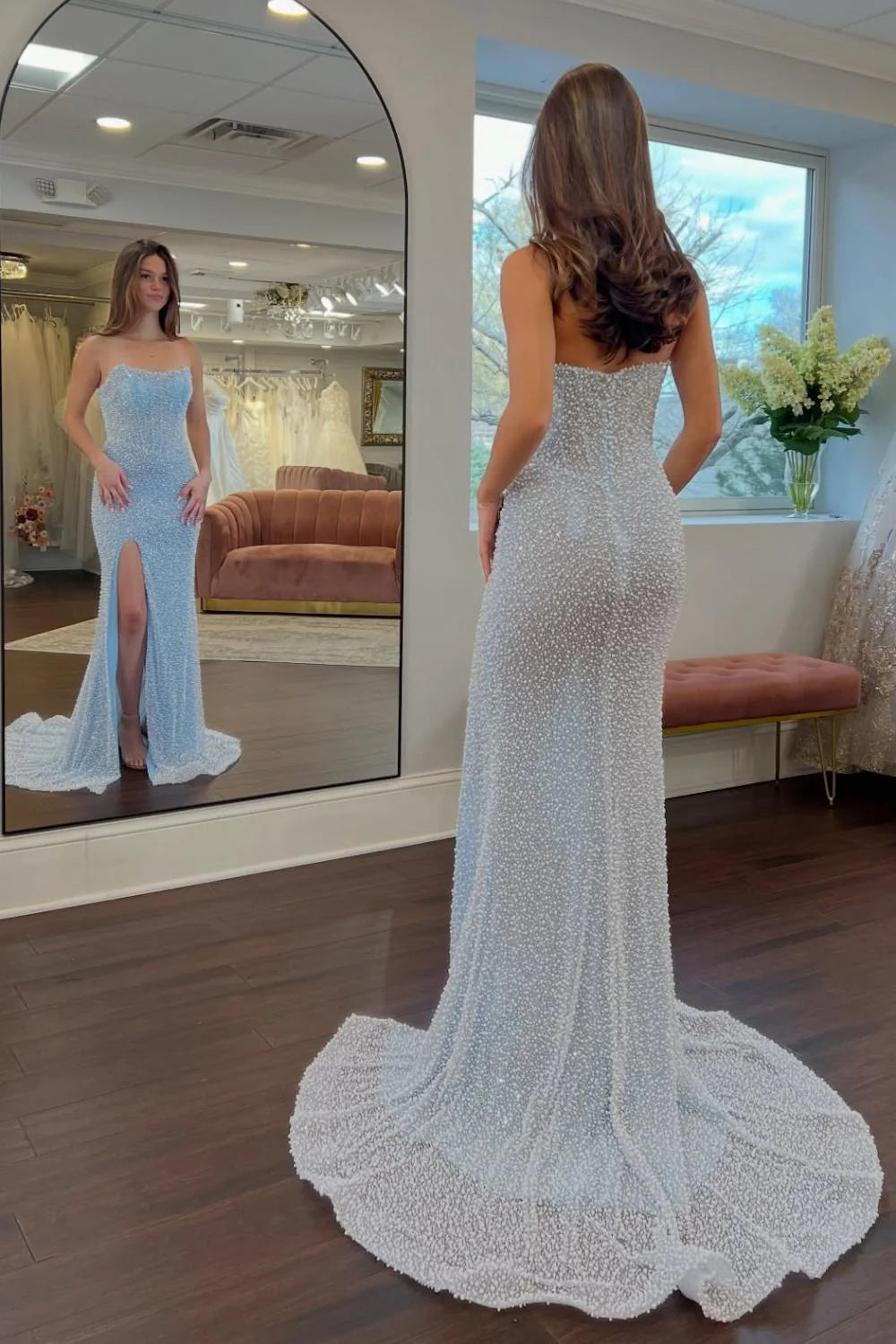 Luxurious Mermaid Strapless Light Blue Corset Prom Dress With Pearls Split Front AD594