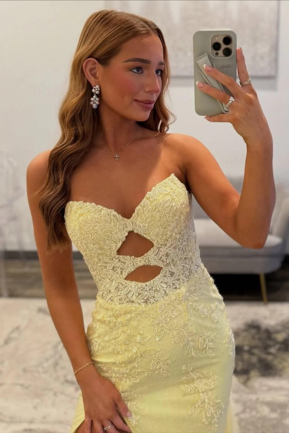 Yellow Sweetheart Lace Up Cutout Prom Dress With Lace Details AD604