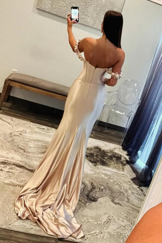Champagne Fitted Satin Prom Dress With Floral Off-Shoulder Sleeves AD605