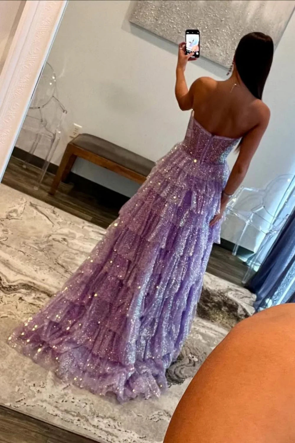 Lilac Sparkly A-Line Sweetheart Long Ruffle Prom Dress With Slit AD606