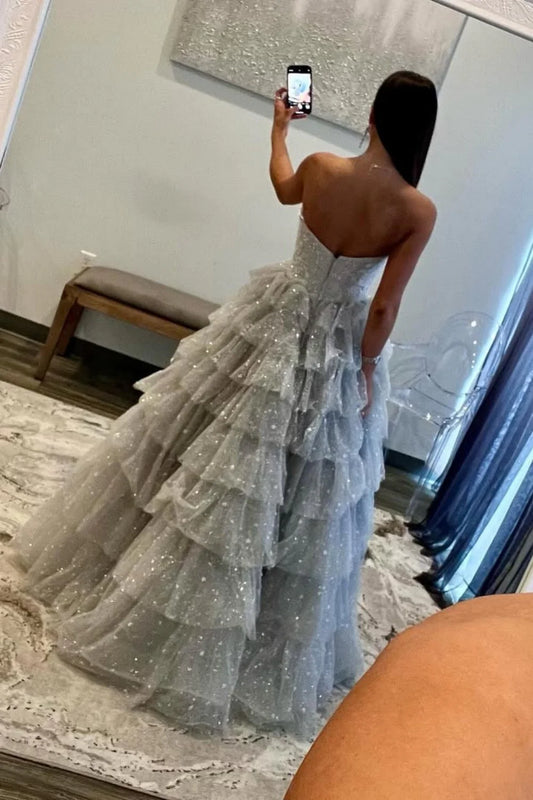 Silver Sparkling A-Line Sweetheart Ruffle Layer Prom Ball Gown AD607