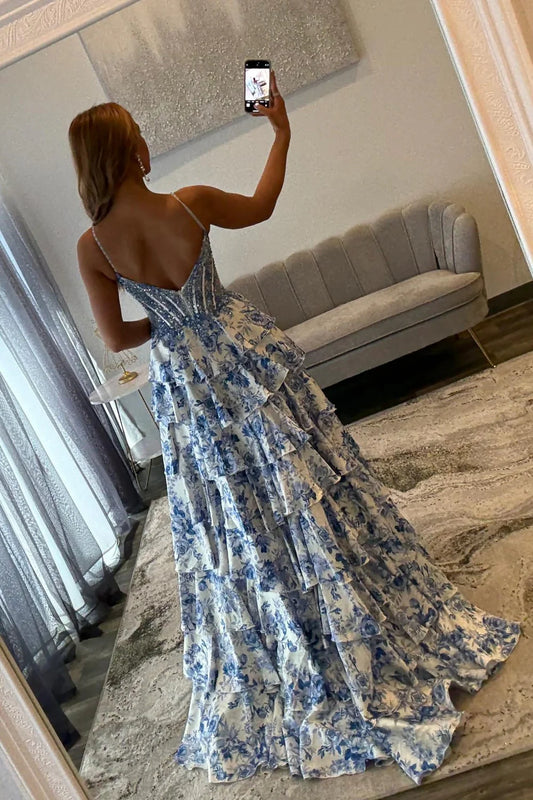 Blue Floral Spaghetti Straps Ruffle High-Slit Prom Dress With Lace Bodice AD610