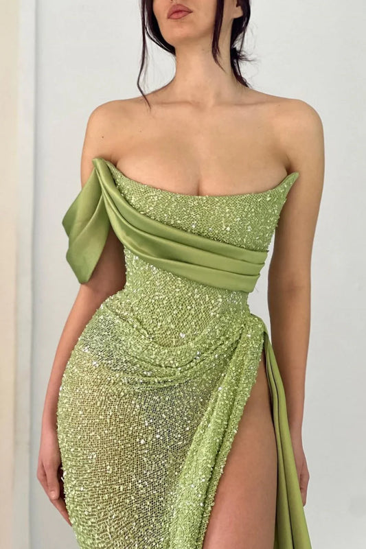 Sage Green Off-The-Shoulder Beaded Prom Dress With High Slit AD628