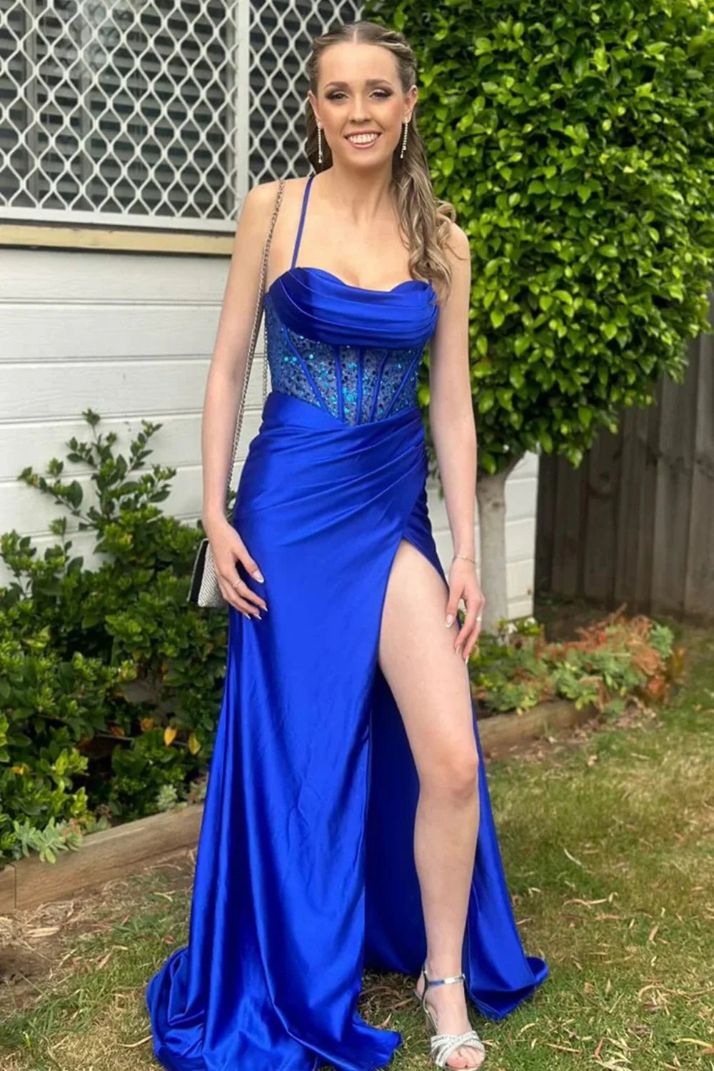 Yellow Spaghetti Strap Lace Up Satin Prom Dress With Sheer Corset And Slit AD641