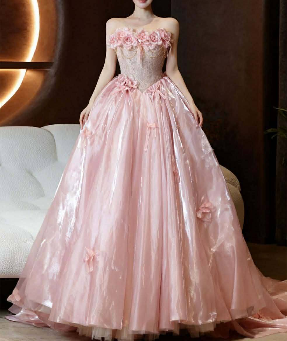 Luxurious Pink Strapless Lace Corset Bodice Ball Gown Prom Dress With 3D Floral Appliques And Bow Details AD644