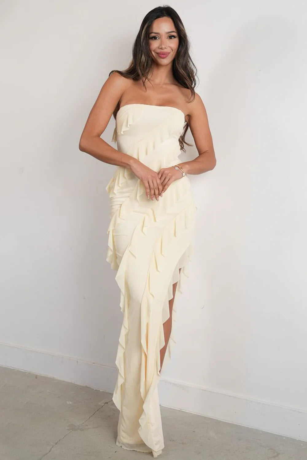 Elegant Pink Strapless Cascading Ruffle Long Prom Evening Dress AD649