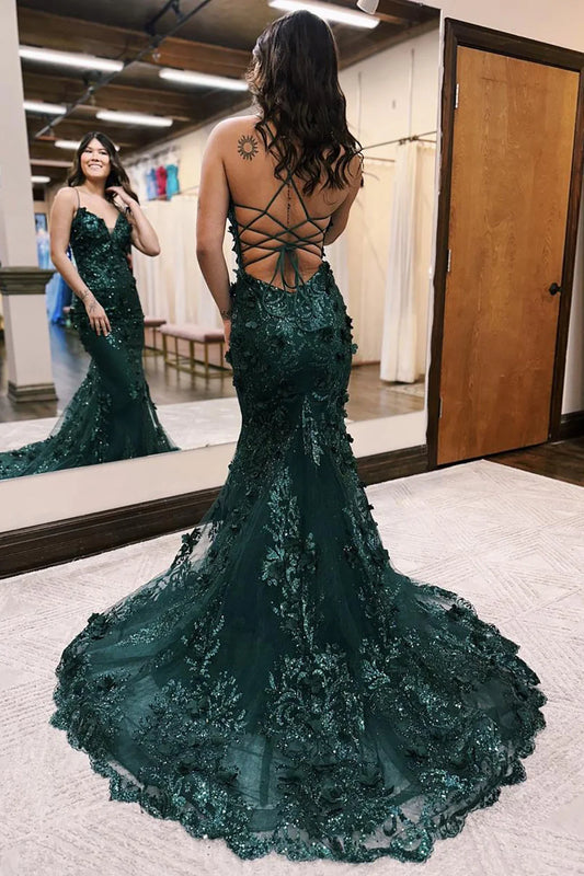 Gorgeous Dark Green Spaghetti Straps Mermaid Prom Dress With 3D Appliques AD651
