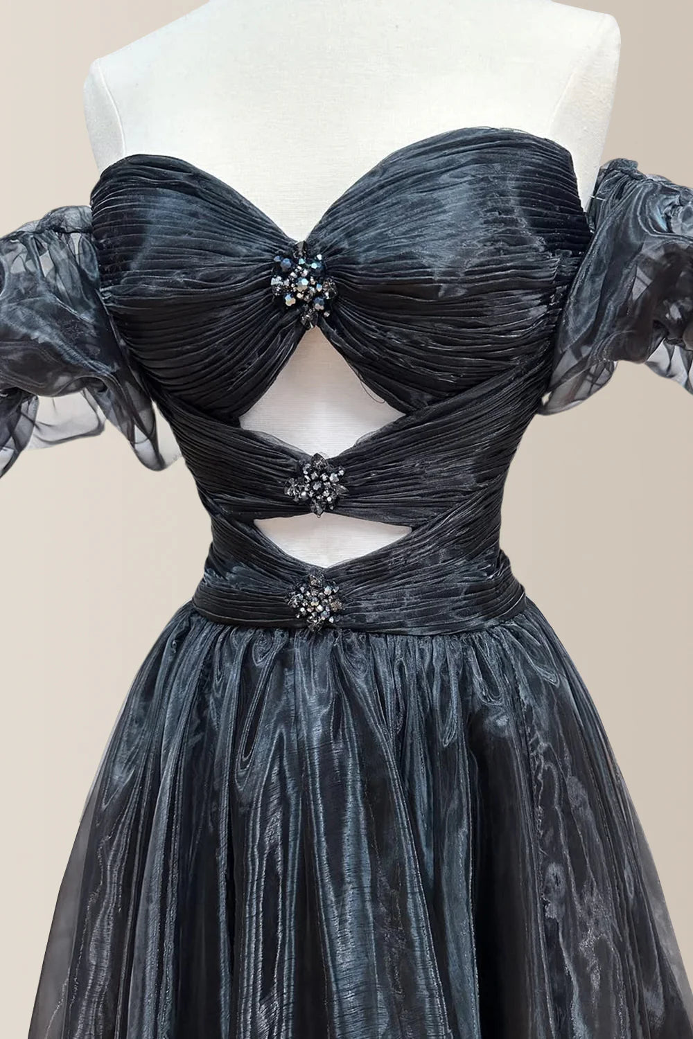 Stylish Black Off-The-Shoulder A-Line Prom Dress With Sheer Puff Sleeves & Cutout Beaded Bodice AD657