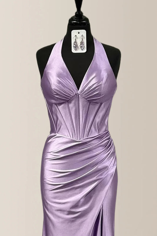 Elegant Lilac Halter Mermaid Satin Prom Dress With Ruched Bodice & Thigh-High Slit AD658