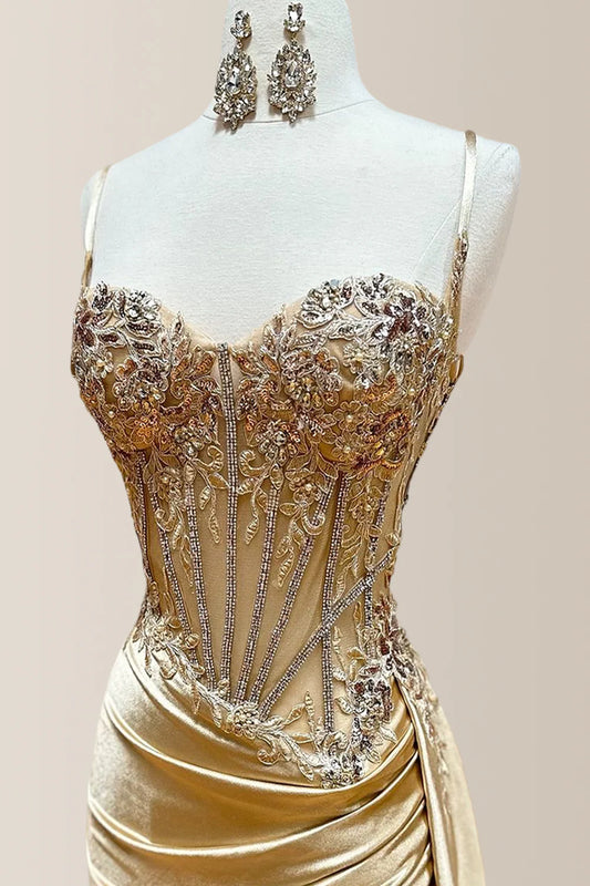 Gold Satin Mermaid Prom Dress With Spaghetti Straps And Applique Detailing AD660