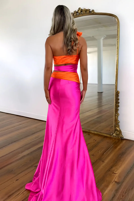 Stylish Hot Pink One-Shoulder Satin Mermaid Prom Dress With Waist Cutouts And Slit AD663