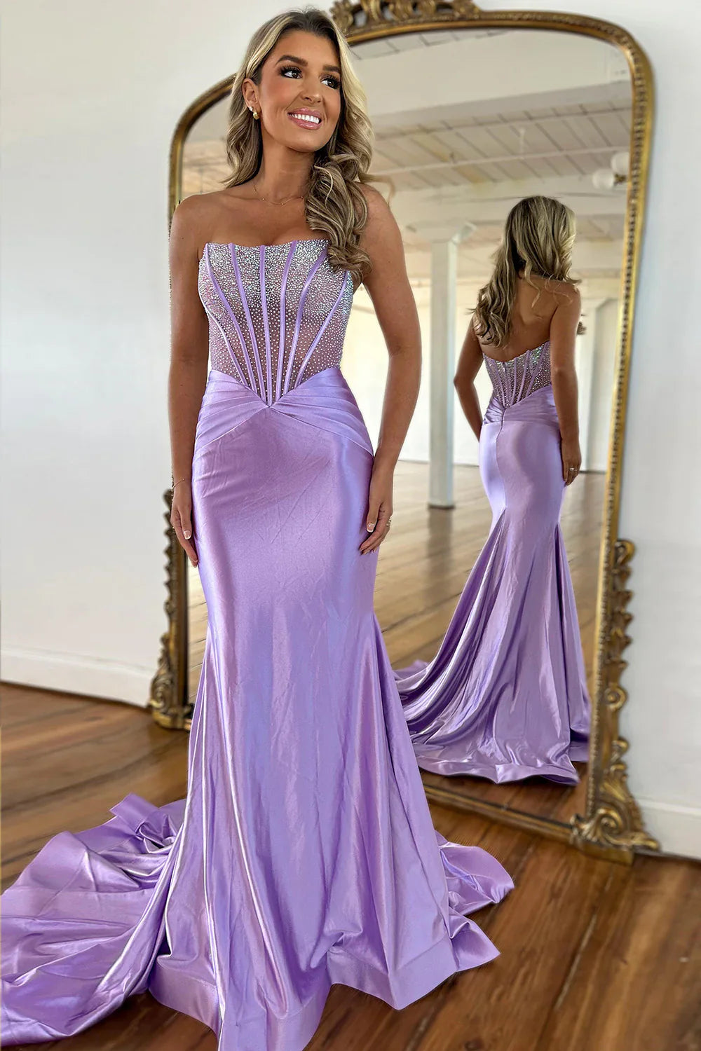 Stunning Lilac Satin Mermaid Prom Dress With Beaded Top And Sweep Train AD673