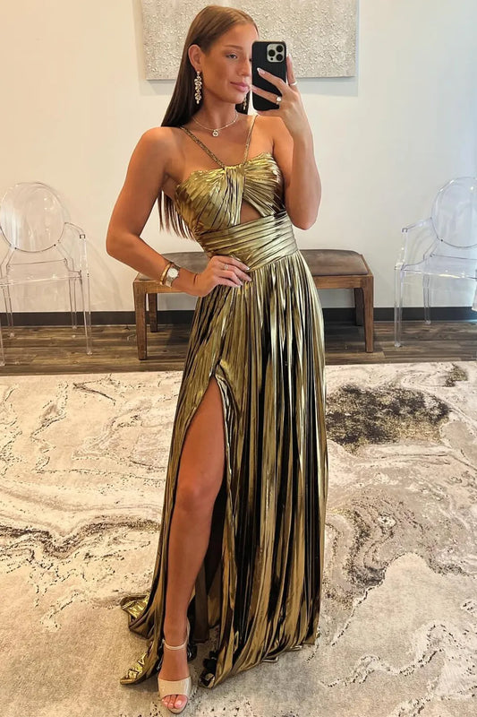 Stunning Metallic Halter Neck A-Line Prom Dress With High Leg Slit AD674