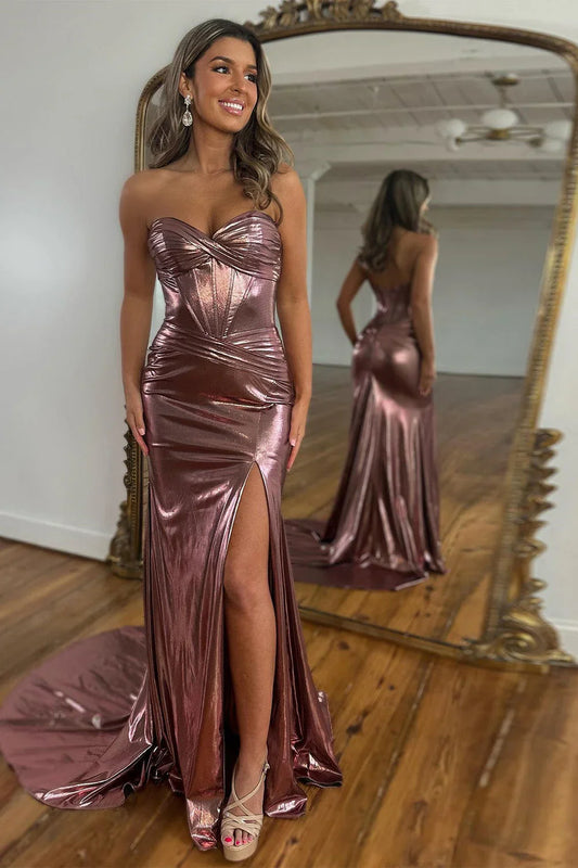 Royal Blue Metallic Sweetheart Corset Prom Dress With Ruched Waist And Thigh Slit AD676