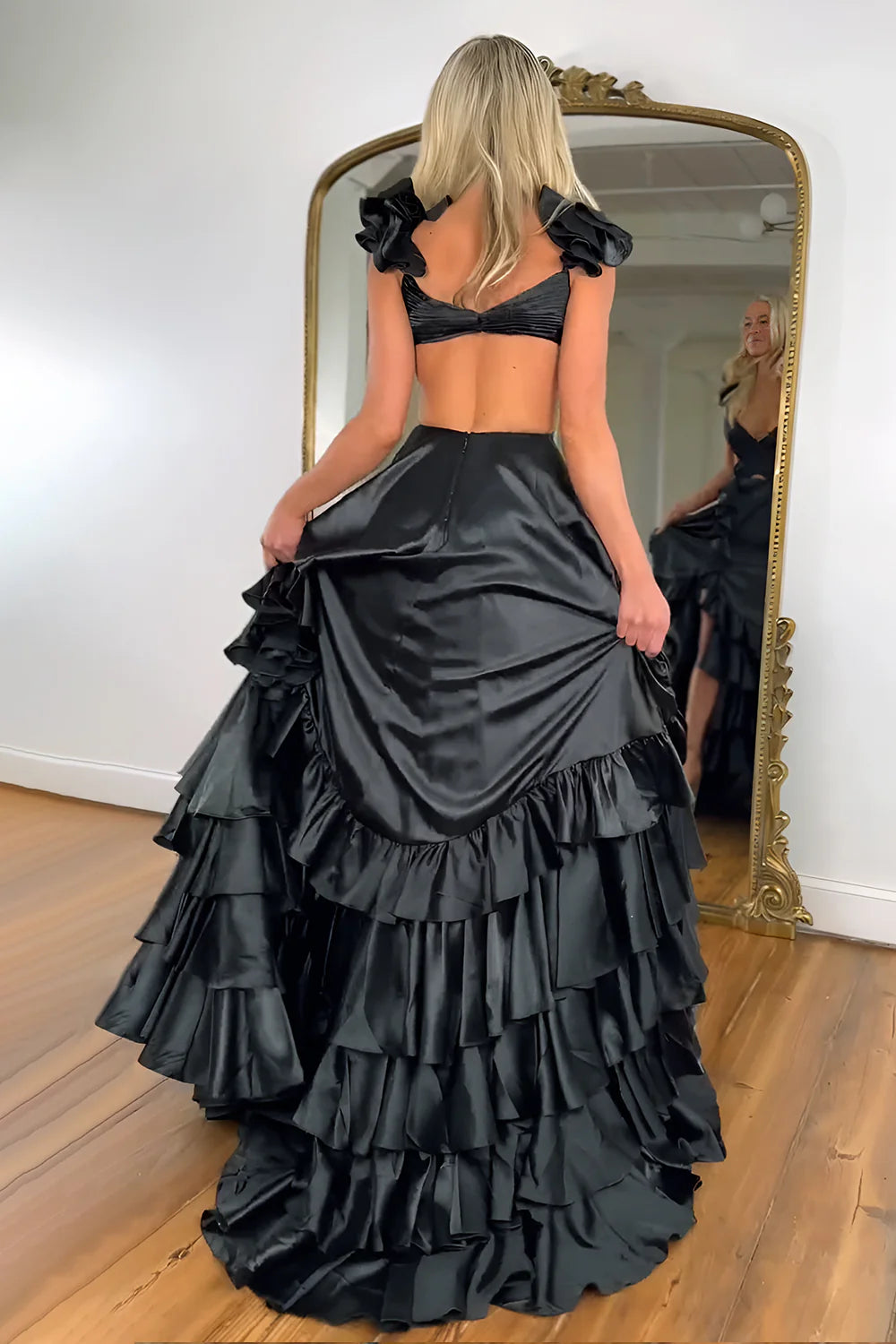 Black Ruffled Tiered Satin A-Line Prom Dress With Cutout Waist & V-Neck AD679