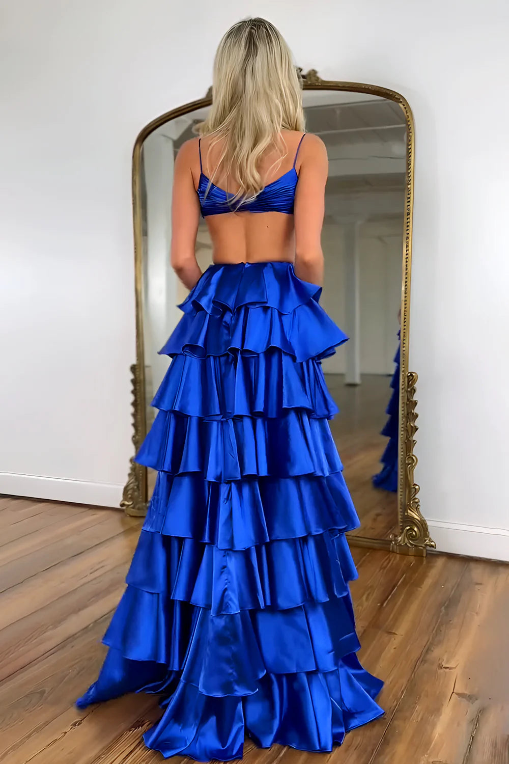 Red Tiered Ruffle A-Line Satin Prom Dress With Deep V-Neck & Cutout Waist AD678