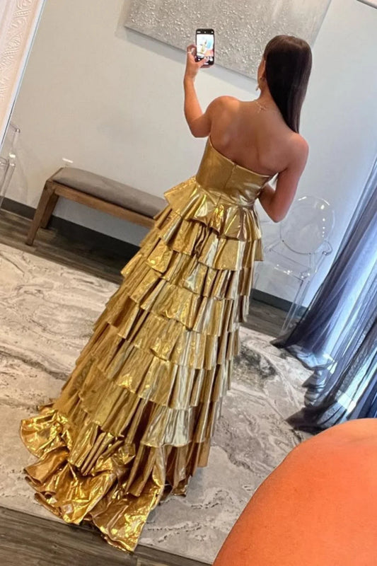 Metallic Gold A-Line Sweetheart Long Tiered Ruffle Prom Gown AD680