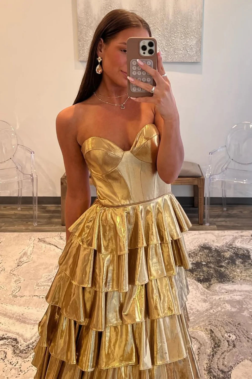 Metallic Gold A-Line Sweetheart Long Tiered Ruffle Prom Gown AD680
