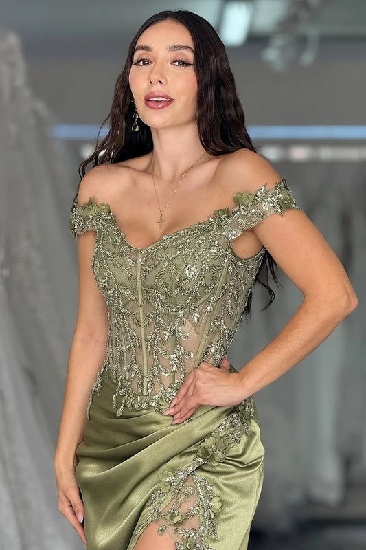 Sage Green Off-Shoulder Embellished Corset Prom Dress With High Slit AD686