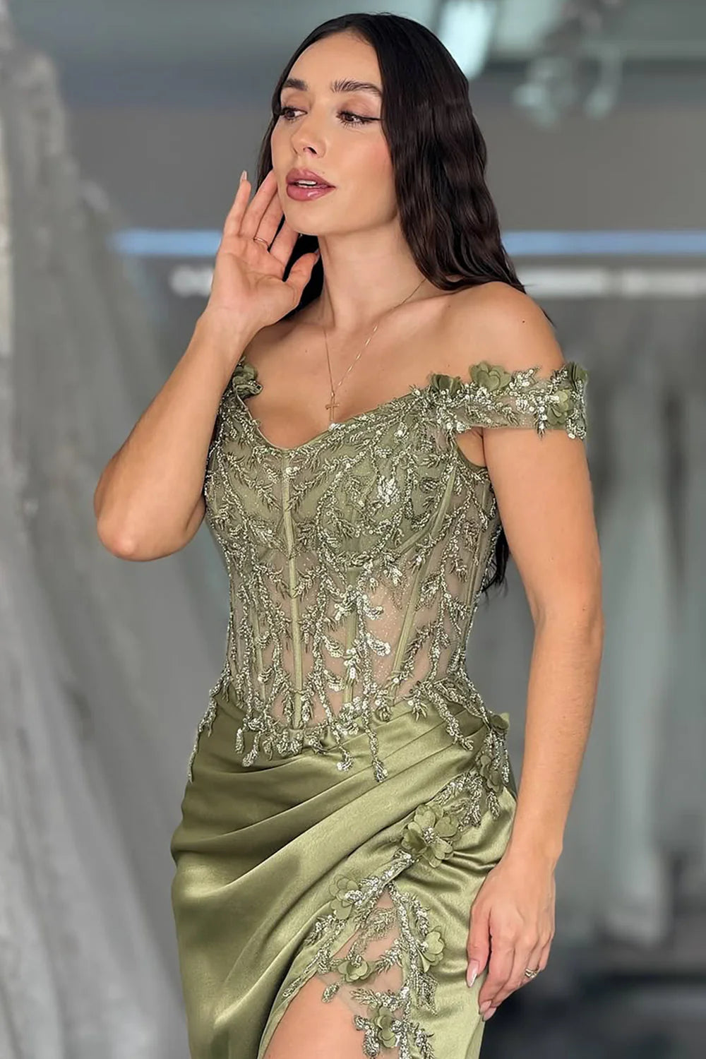 Sage Green Off-Shoulder Embellished Corset Prom Dress With High Slit AD686