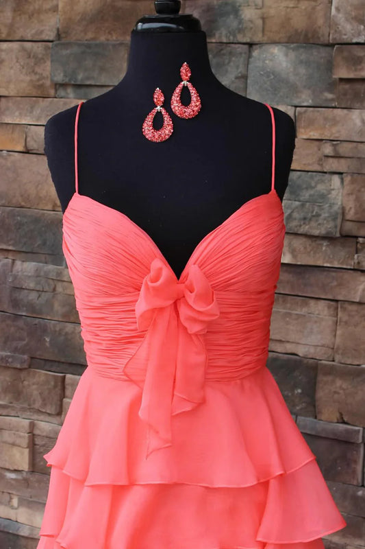 Coral A Line Spaghetti Straps Ruffle Prom Dress With Bowknot Detail AD695