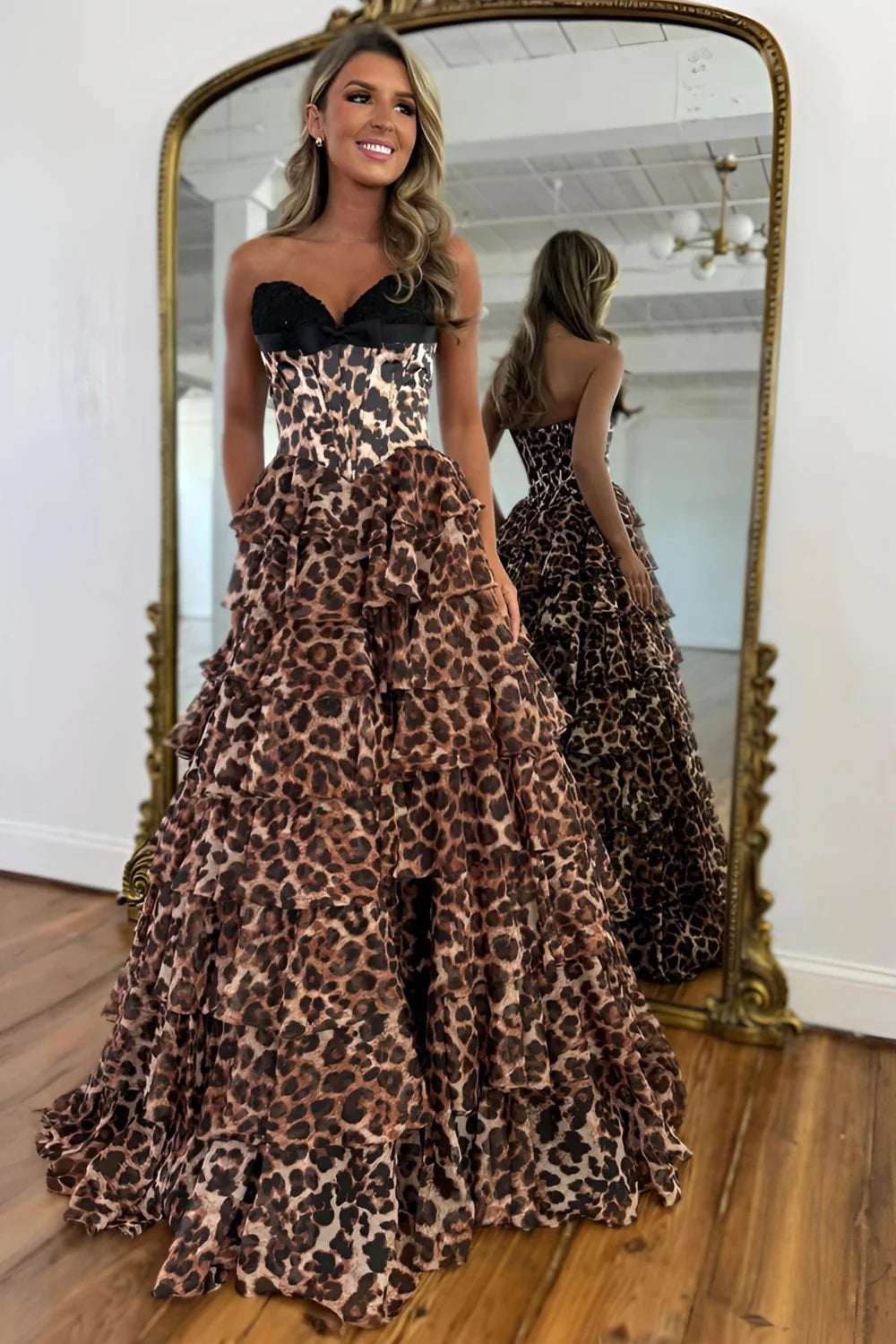 Brown Leopard Print Strapless Prom Dress With Black Satin Bodice And Tiered Ruffles AD696