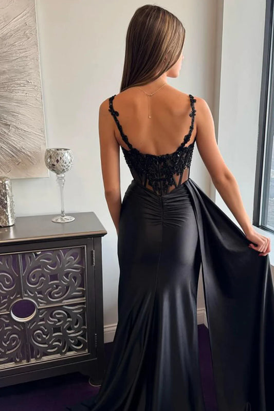 Black Strappy Sequin Lace Prom Dress With High Slit AD698