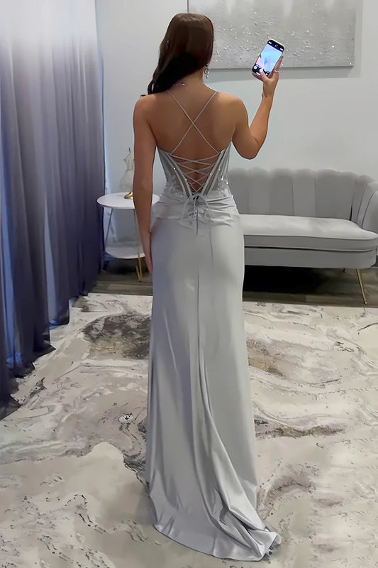 Silver Sequin-Embroidered Prom Dress With Crisscross Back & Slit Skirt AD705